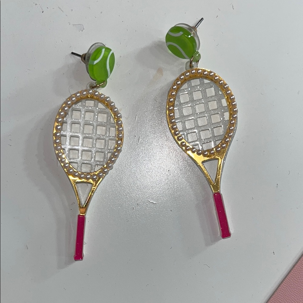 Tennis Racket Earrings with Green Ball Accents